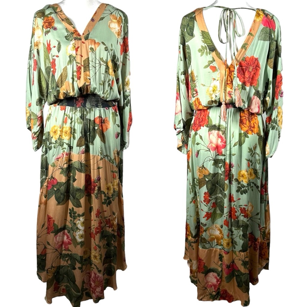 Farm Rio Marilla Maxi Dress Women's Small Floral Flowy Tie Back Tassel V-Neck - Picture 2 of 11